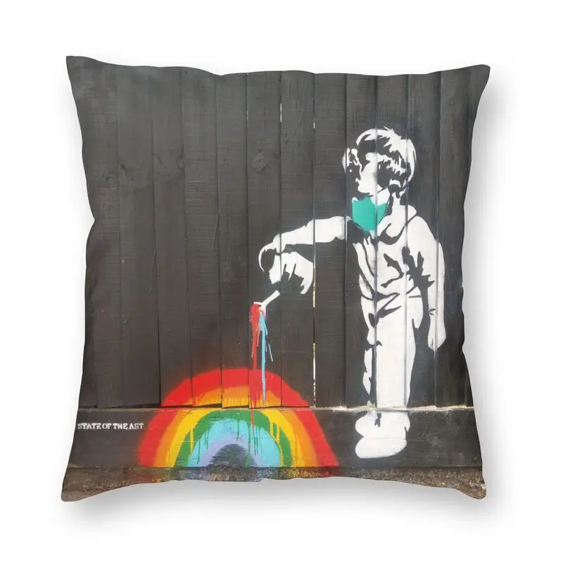 Custom Banksy Rainbow Square Throw Pillow Case Decoration 3D Two Side Print Street Art Graffiti Cushion Cover for Living Room