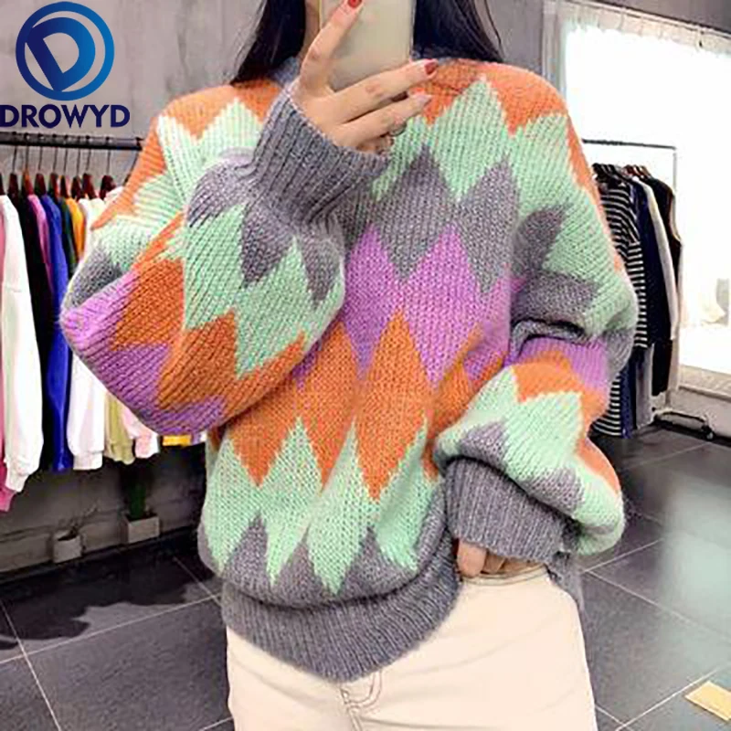 

Multicolor Argyle Pullovers Sweater Women Fall Soft Cotton Loose Knitted Hot Tide Thick Winter Korean Casual Simple Chic Tops