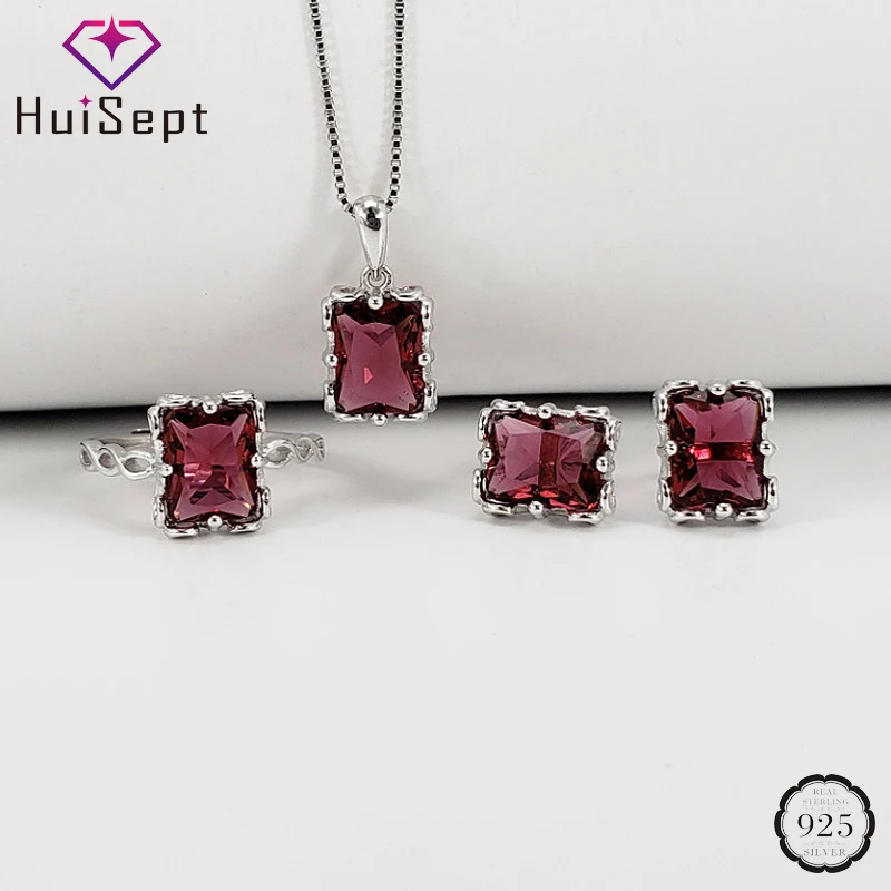 HuiSept Luxury S925 Sterling Silver Jewelry Set Earrings Ring Necklace Accessories with 7*9mm Emerald Gemstone for Women Wedding