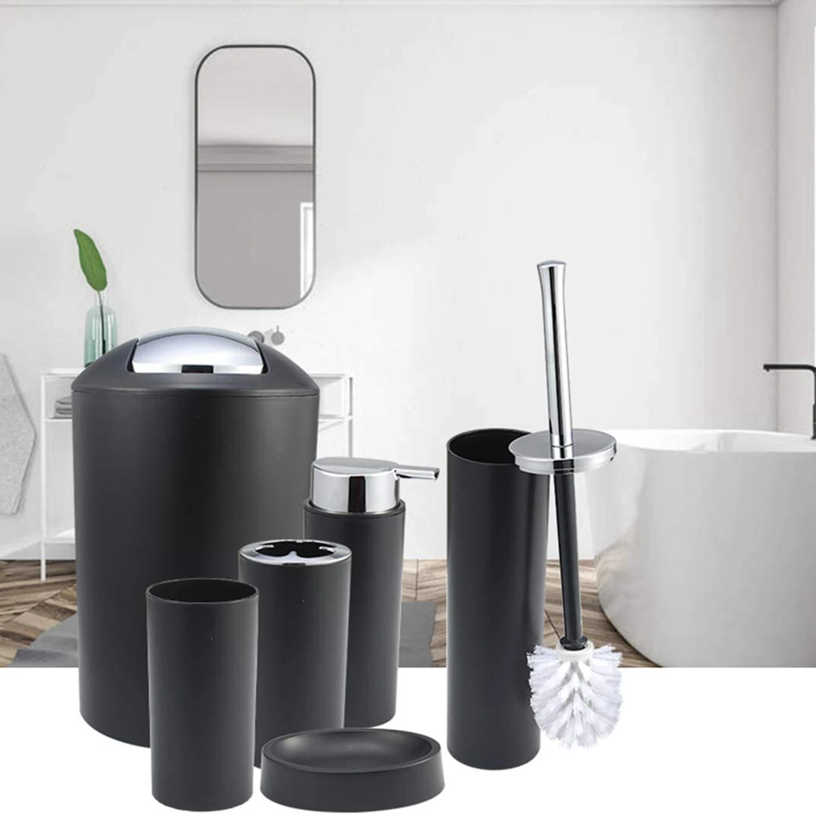 6Pcs Plastic Bathroom Accessories Set Bath Ensemble Soap Dish Trash Can Toilet Brush Necessities Brush Holder Trash Can Set