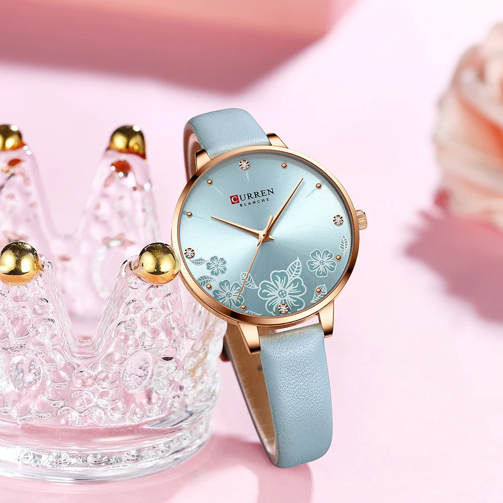 Curren relógios femininos marca de couro quartzo relógios de pulso design luxo para senhoras charme flores dial montre femme