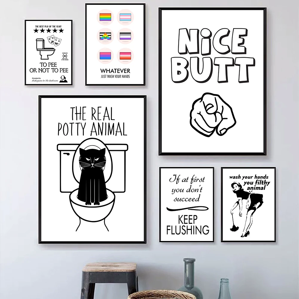 Funny Bathroom Nice Butt Quote Canvas Painting Abstract Black White Woman Wall Art Poster Prints Picture Toilet Cat Home Decor