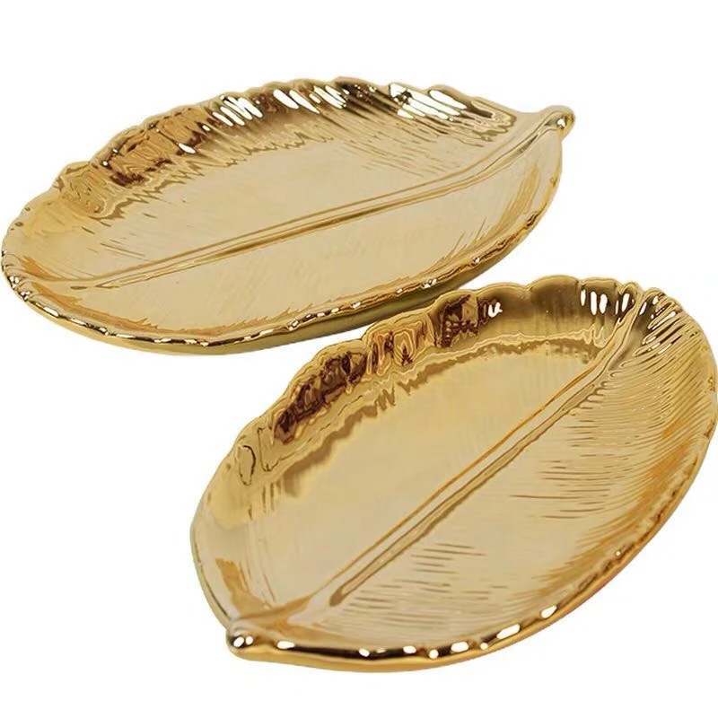 

Decorative Gold Leaf Ceramic Plate Dish Porcelain Candy Trinket Dish Jewelry Fruit Serving Tray Storage Plate Crockery Tableware