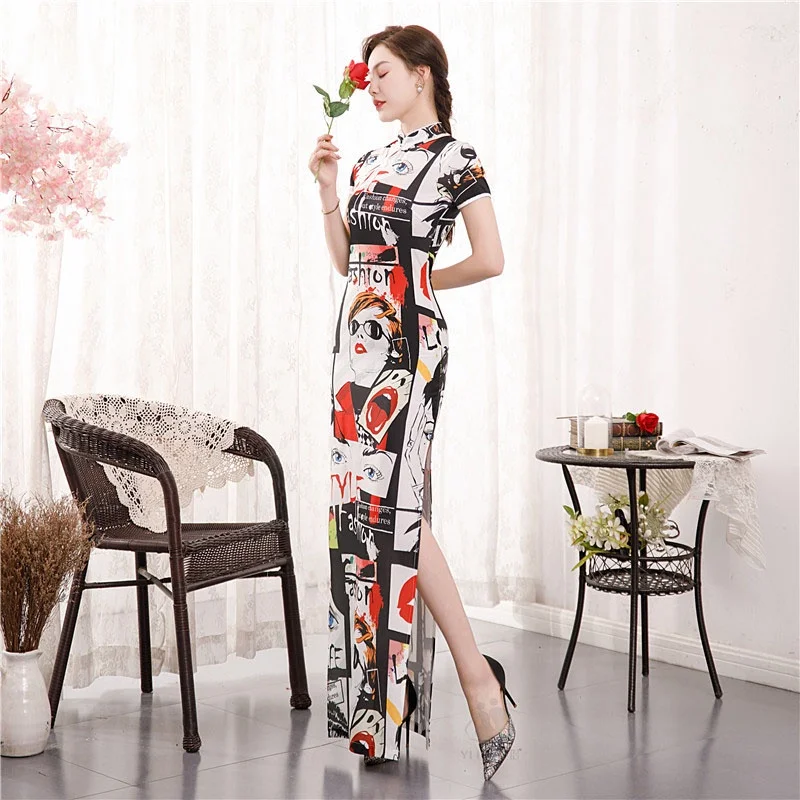 Robe longue Cheongsam à fleurs pour femmes, robes vintage minces, Qipao sexy d'été, S à 4XL, vert, rouge, nouveau