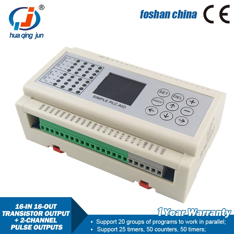 Huaqingjun 16 Inputs 16 Ouputs Transistor Output 2-Channel Pulse Outputs QJ-32T-PUL PLC Controller for Stepper Motors