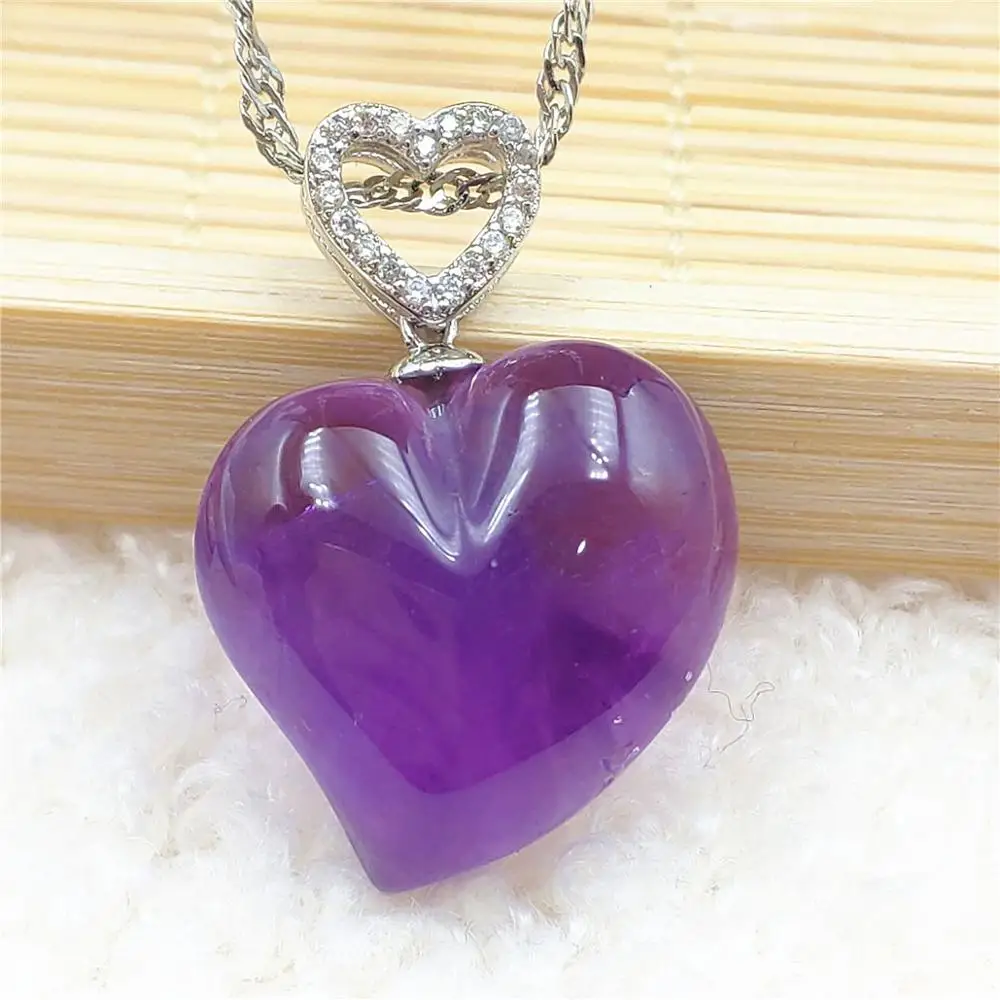 Natural Purple Amethyst Heart Bead Pendant Necklace Crystal Brazil 22x21mm Love  Amethyst Beads Necklace AAAAAA