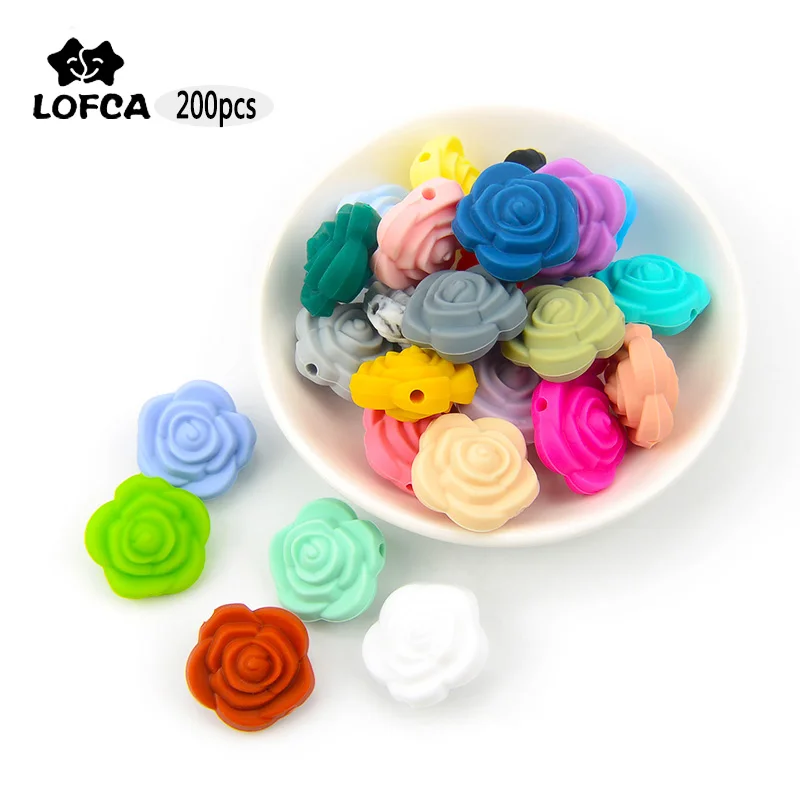 LOFCA 200pcs Silicone Beads Rose Flower Baby Teethers BPA Free Food Grade Baby Silicone Teething Beads For Baby Pacifier Chain