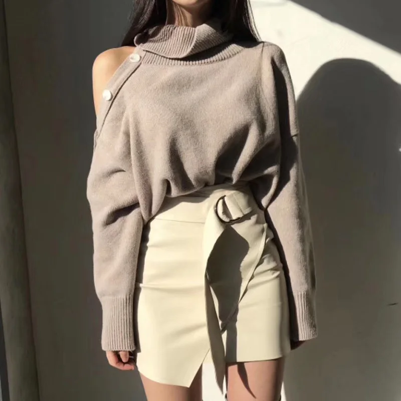 2019 Winter Women Turtleneck Knitted Knit Sweaters Solid Casual Cold Shoulder Pullover Jumper Autumn Basic Sweater For women