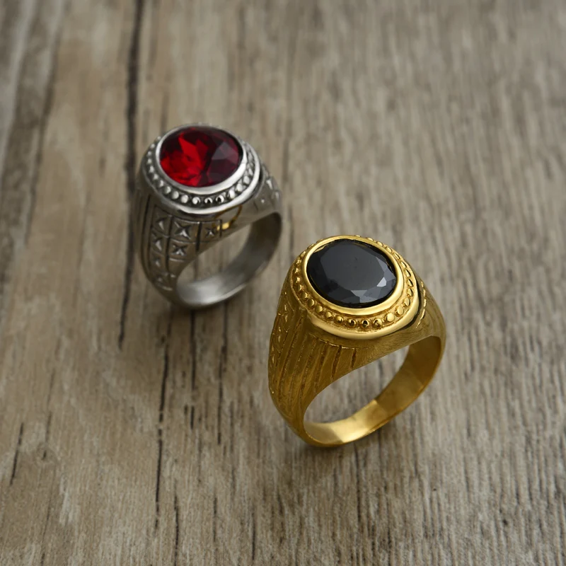 Men Stainless Steel Ring Vintage Gold Color Red/Black Crystal Ring Fashion Party Male Rings Jewelry