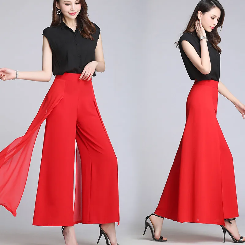 

Ladies Baggy Pants Summer Casual Wide Leg Trousers Womens Fashion High Waist Side Split Black White Chiffon Pants Big 4XL W2021