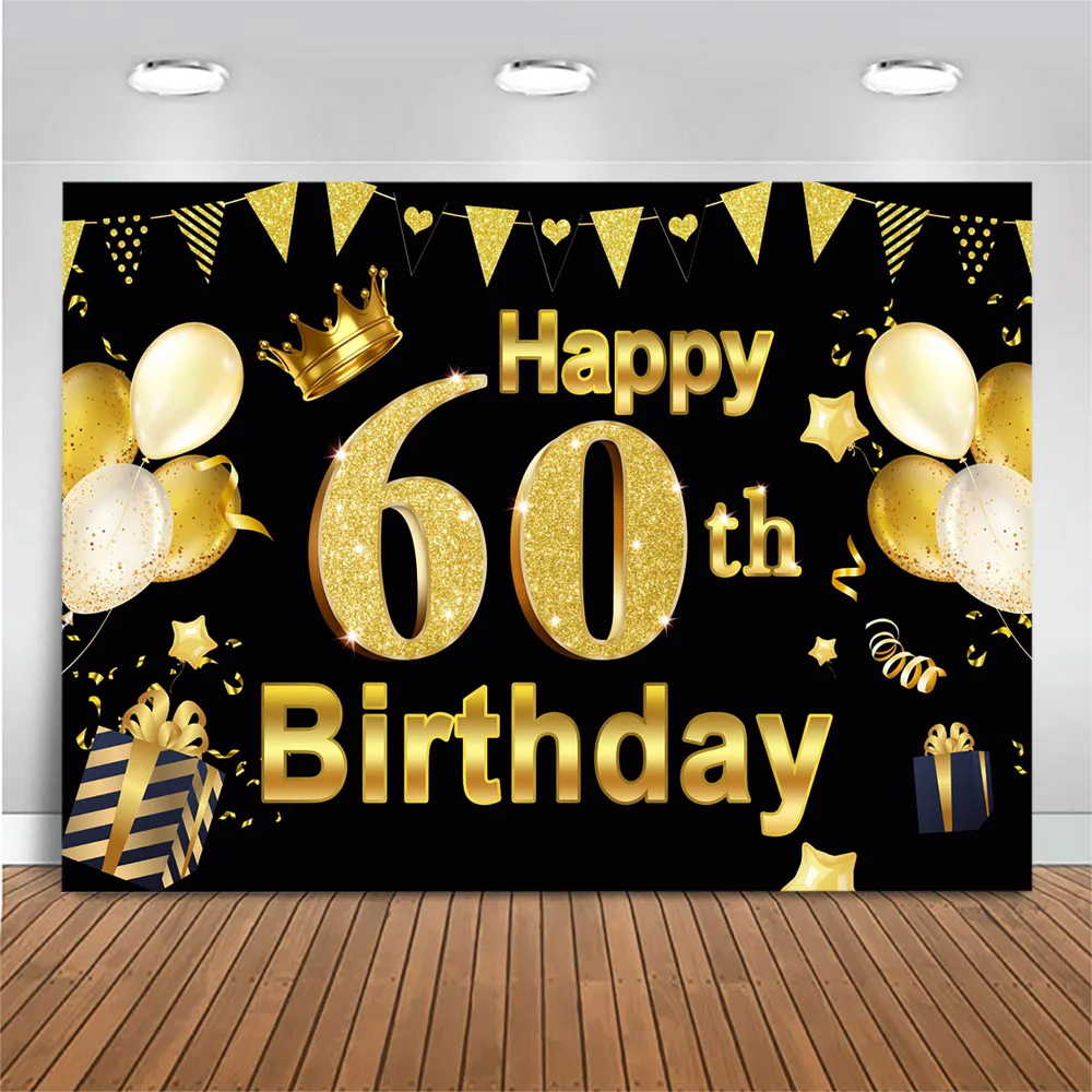 

Mocsicka Happy 60th Birthday Backdrop for Photography Golden Balloons Crown Birthday Party Background Decor Banner Photo Shoot