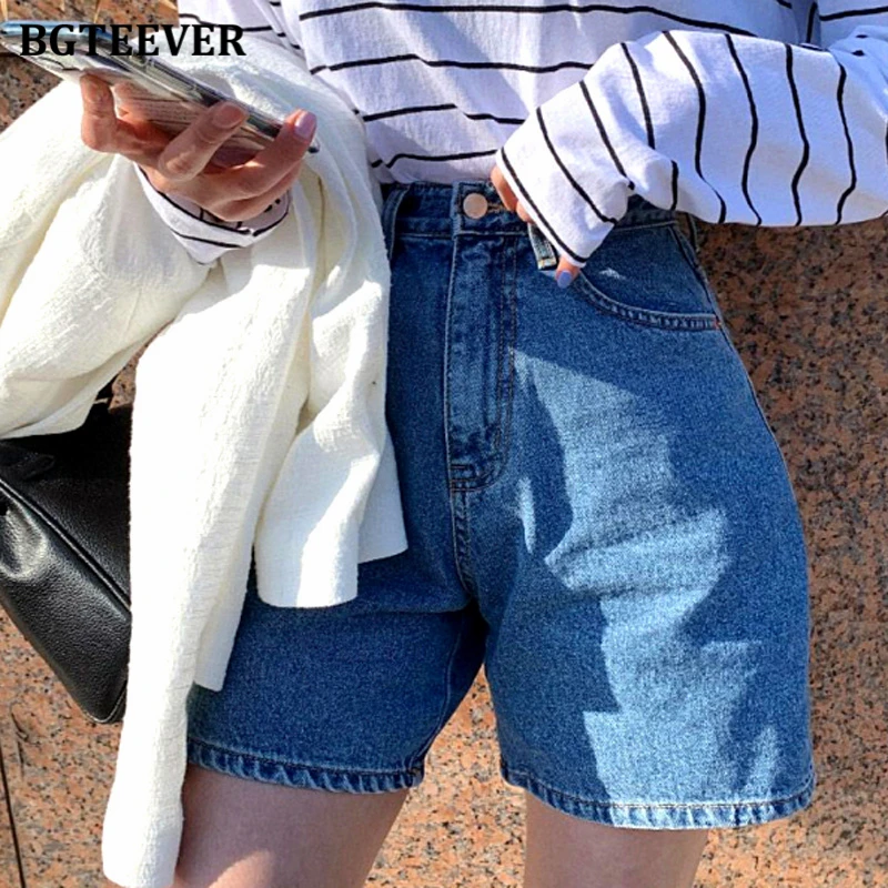 BGTEEVER Casual High Waist Straight Jeans Shorts Summer Pockets Loose Female Blue Denim Shorts Ladies High Street Bottoms 2020