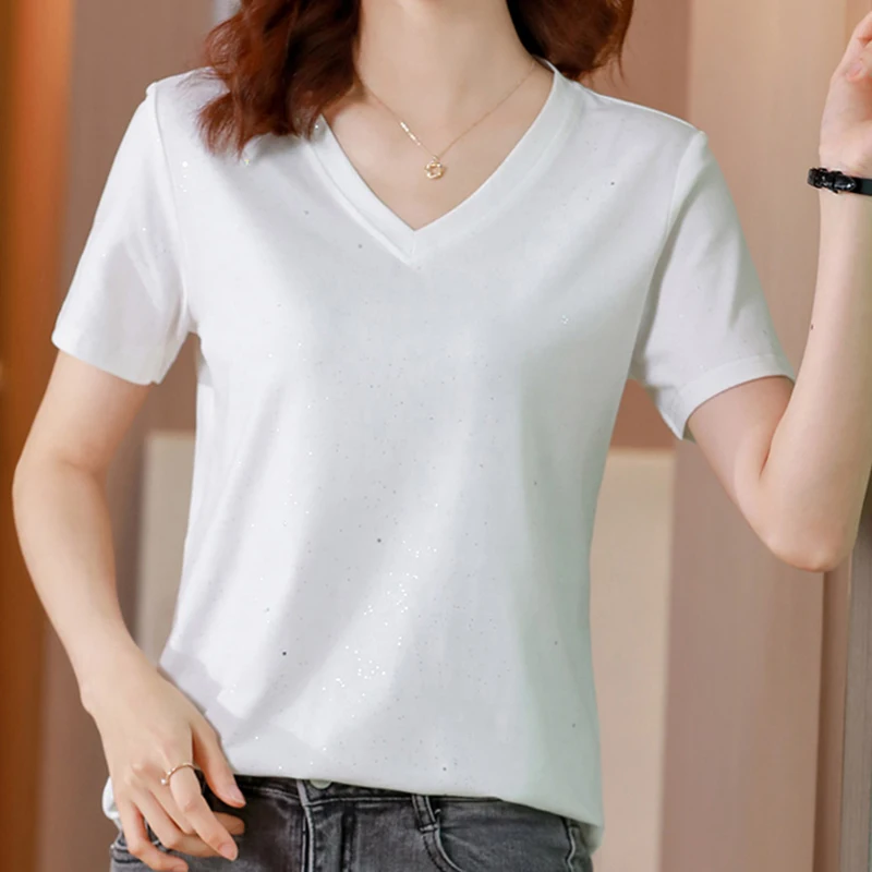 Sequins Shiny V-Neck T Shirt Women Tshirt Short Sleeve T-Shirts Summer Tops Korean Style Woman Clothes Tee Shirt Femme Camisetas