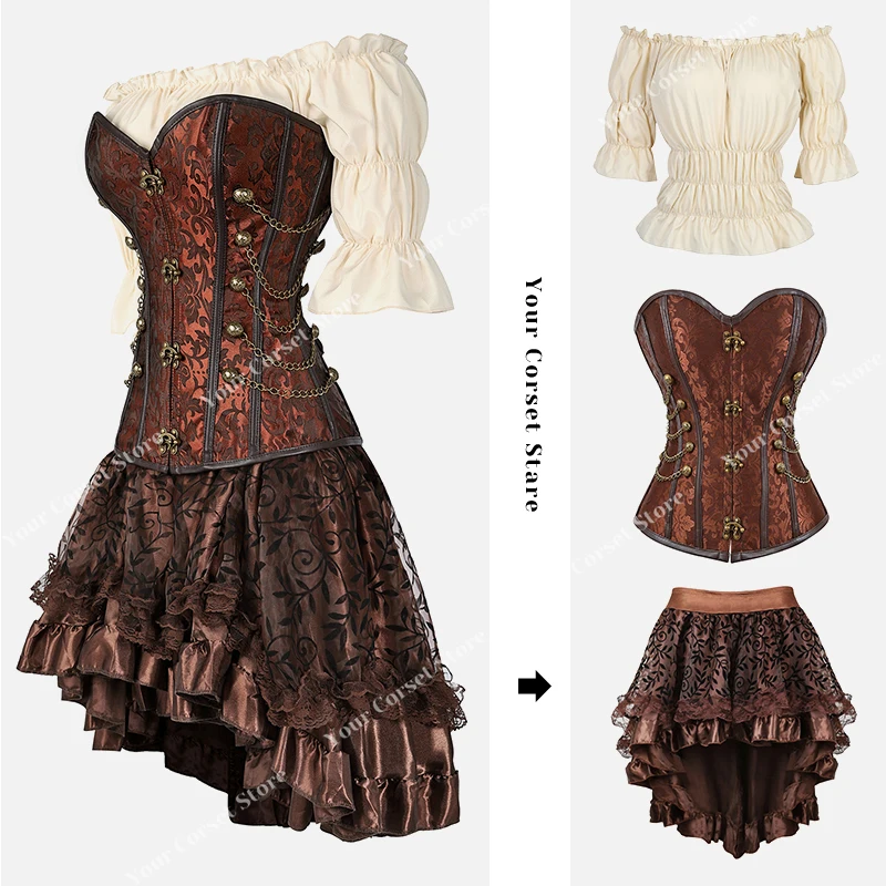 Steampunk Brown Corset Skirt with Shorts Ruffles Gothic Corset Dress Plus Size Leather Corset Pirate Costume for Women