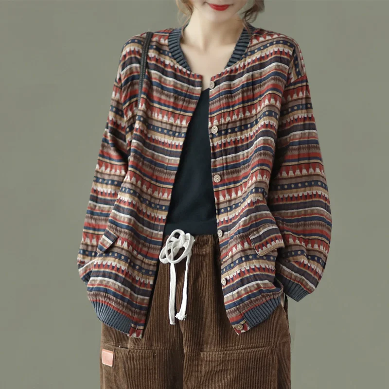 Max LuLu 2021 Autumn Womens Striped Jackets Japan Style Linen Printed Coats Ladies Vintage Loose Clothes Buttons Basic Jacket