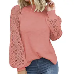 Lace Patchwork Casual Blouse Women Elegant Long Sleeve Simple O-Neck Hollow Out Lace Patchwork Women Shirt Blouses Streetwear