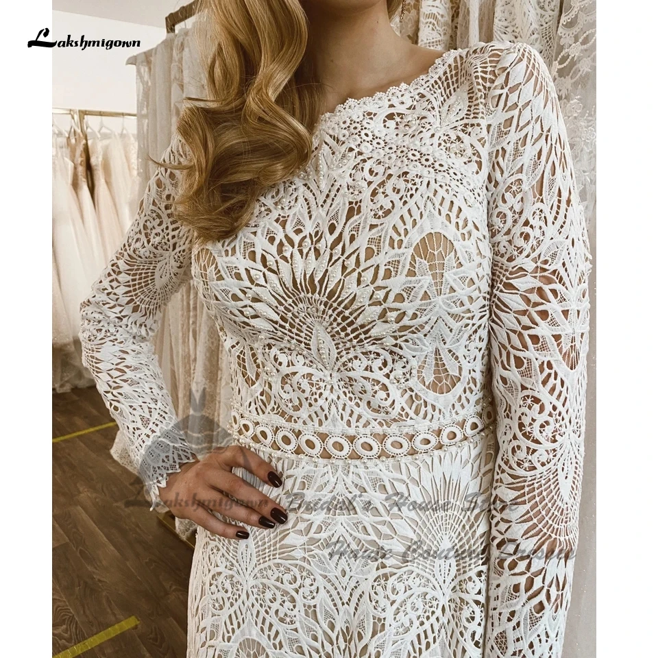 Lakshmigown Luxury Boho Lace Mermaid Wedding Dress Long Sleeve 2022 Sexy Women Bridal Beach Wedding Gowns Backless Robe Mariee