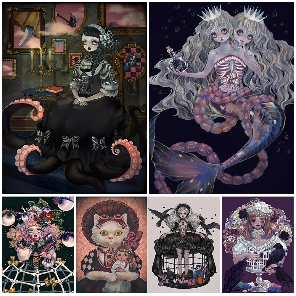 

Medieval Gothic Octopus Witch Count Wall Art Canvas Painting For Living Room Decor Scary Conjoined Mermaid Witch Poster Prints