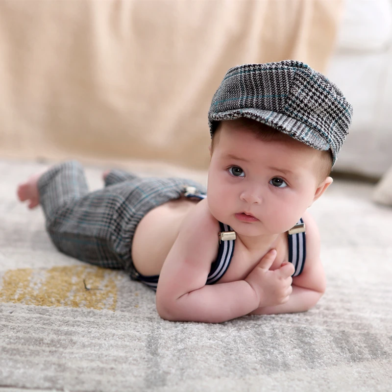 

❤️Baby Boys Photography Clothes Studio Infant Photo Props Accessories Hat+Overalls 2Pcs/set Gentleman Plaid Costume Fotografia