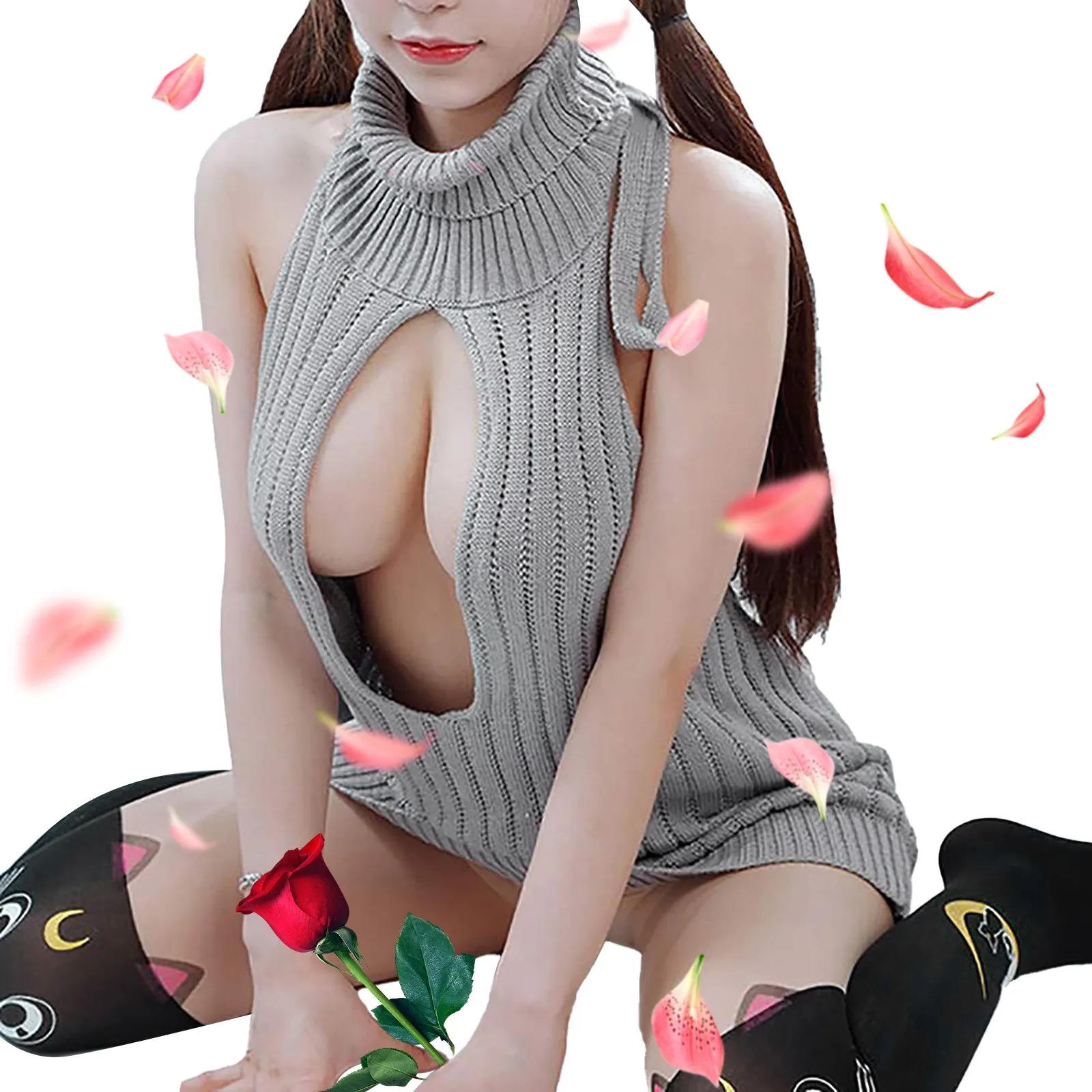 Autumn 2021 Virgin Killer Turtleneck Sweater Women Sexy Open Chest Sleeveless Backless Knitted Sweater Passion Female Jumper