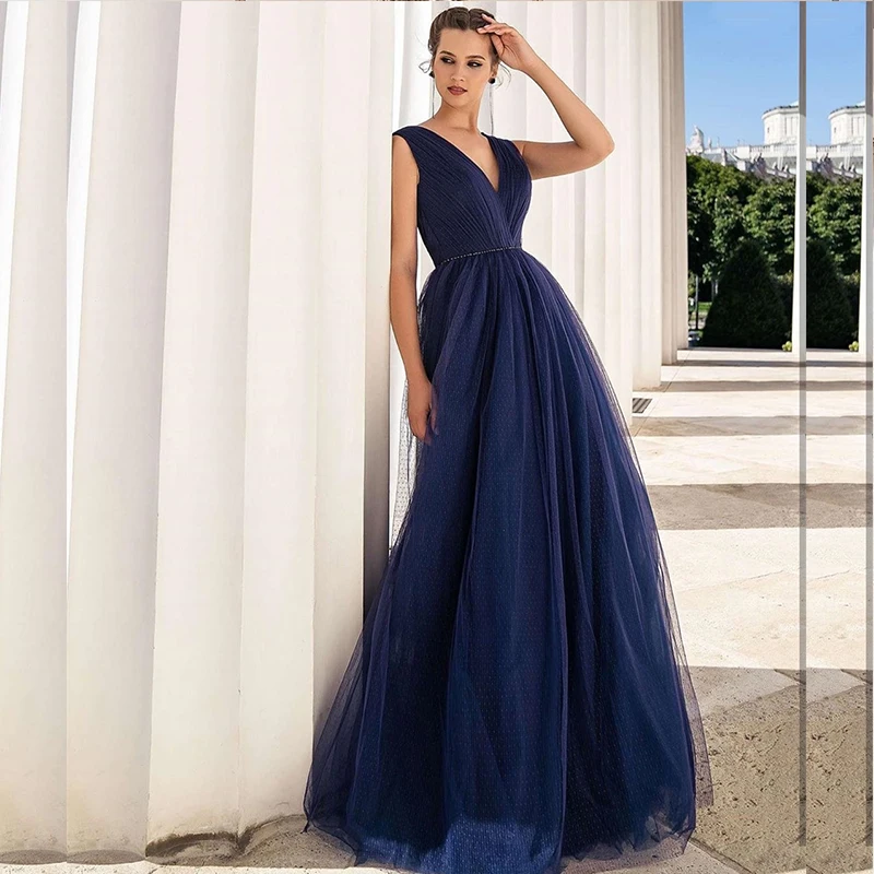 Vestido feminino sem mangas com decote em v, elegante, formal, trem da corte, gracioso, azul marinho, festa