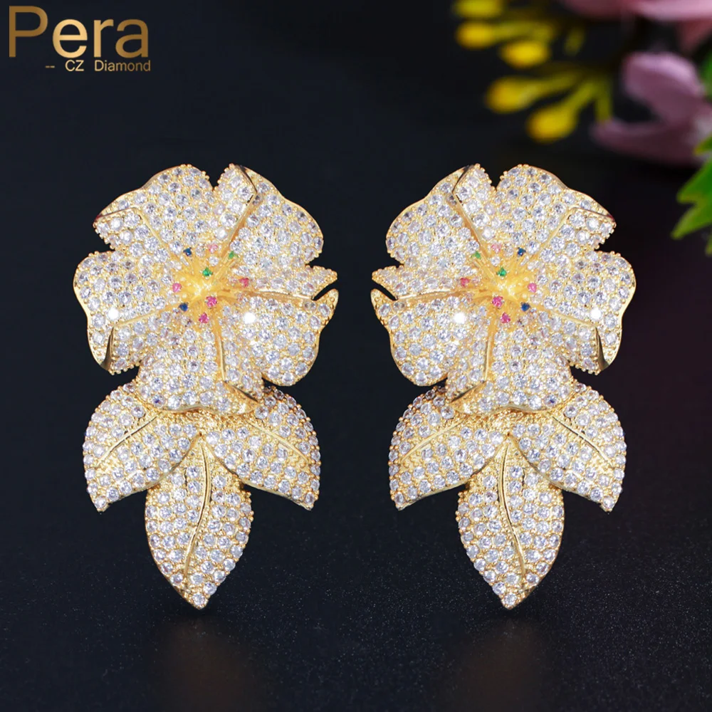 

Pera Luxury Dubai Gold Color Large Flower Leaf Drop CZ Zircon Women Banquet Party Long Dangle Earring Statement Ear Jewelry E767