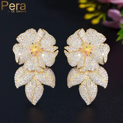 Pera Luxury Dubai Gold Color Large Flower Leaf Drop CZ Zircon Women Banquet Party Long Dangle Earring Statement Ear Jewelry E767