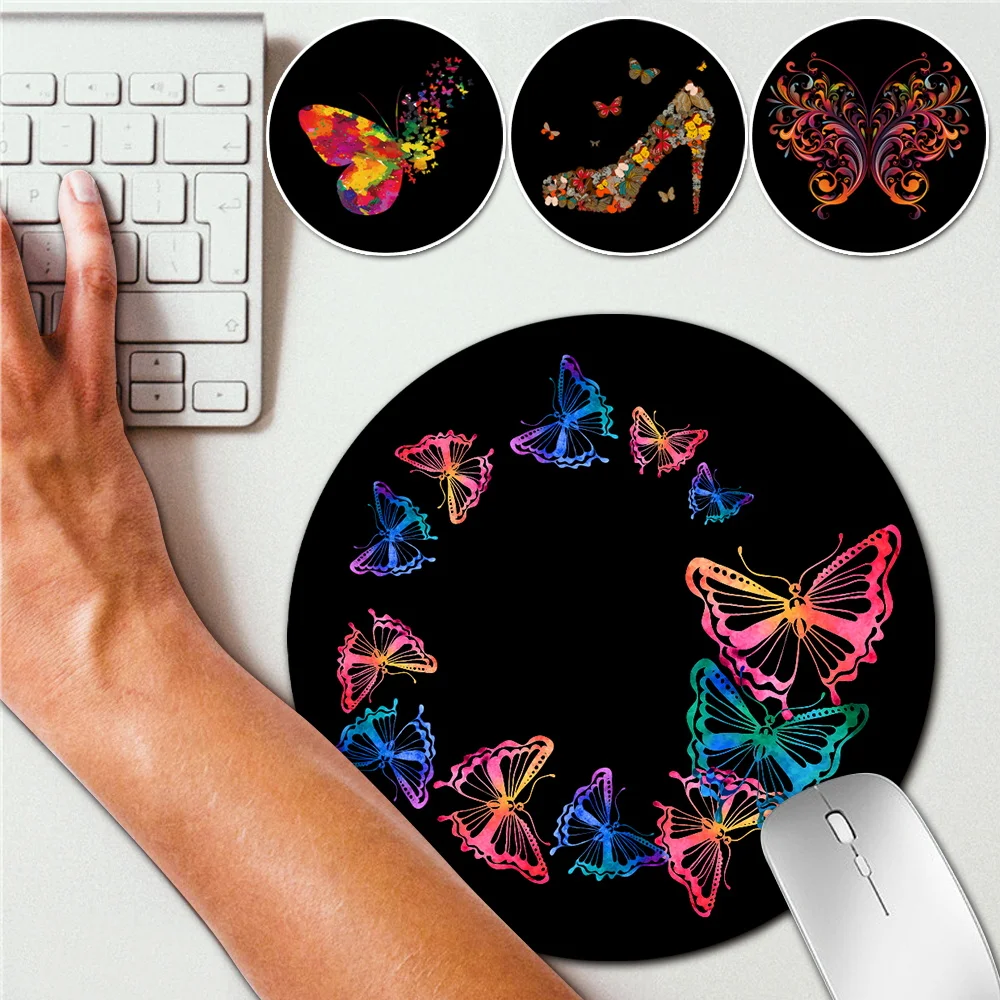 22x22cm Small Mouse Pad Round Butterfly Printing Pattern Waterproof PU Leather Computer Desk Mat Gaming Desk Non-slip Mouse Pad