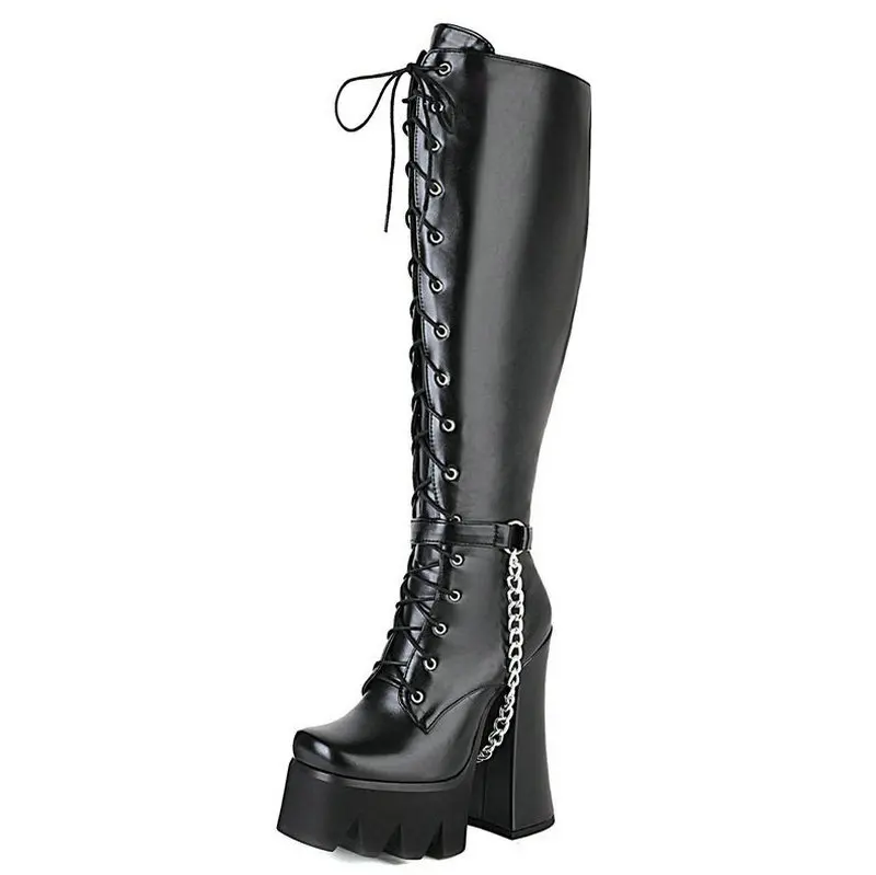 2021 Women Knee High Boots Platform Square High Heel Ladies Motorcycle Boots PU Leather Cross Tied Zipper Women\'s Boots Black