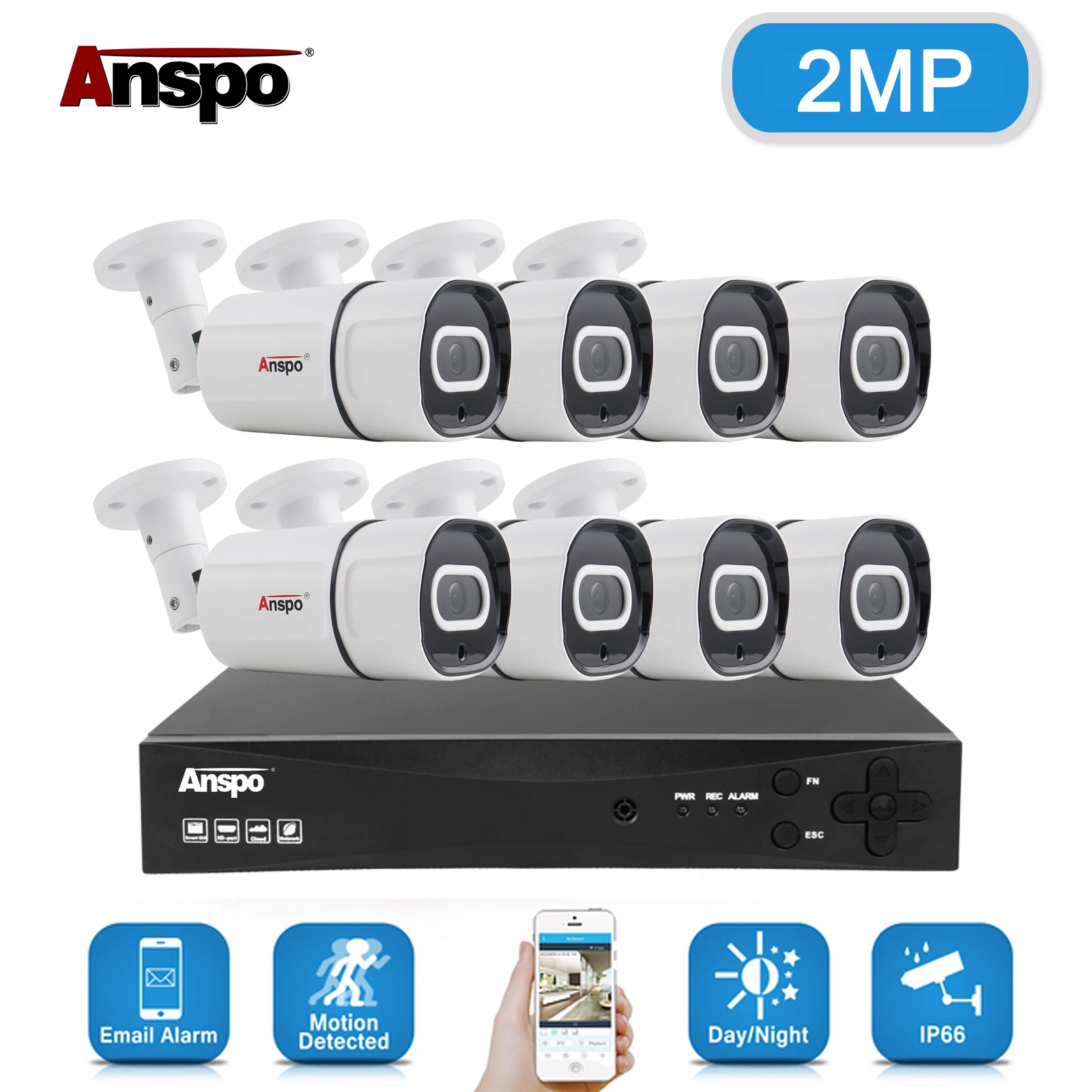 Anspo 8CH Wireless 1920P NVR 3MP Outdoor Home WIFI Camera CCTV Security System