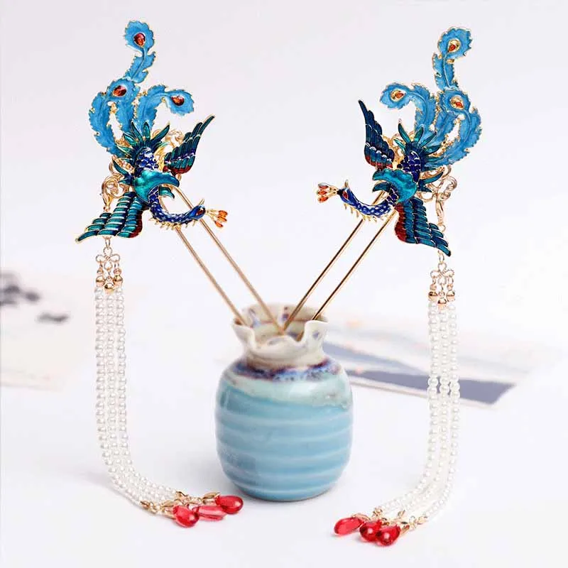 

1 Pair Chinese Retro Style Metal Phoenix Hairpins Clips Handmade Hair Stick Bride Hanfu Dress Wedding Hair Accessories FORSEVEN