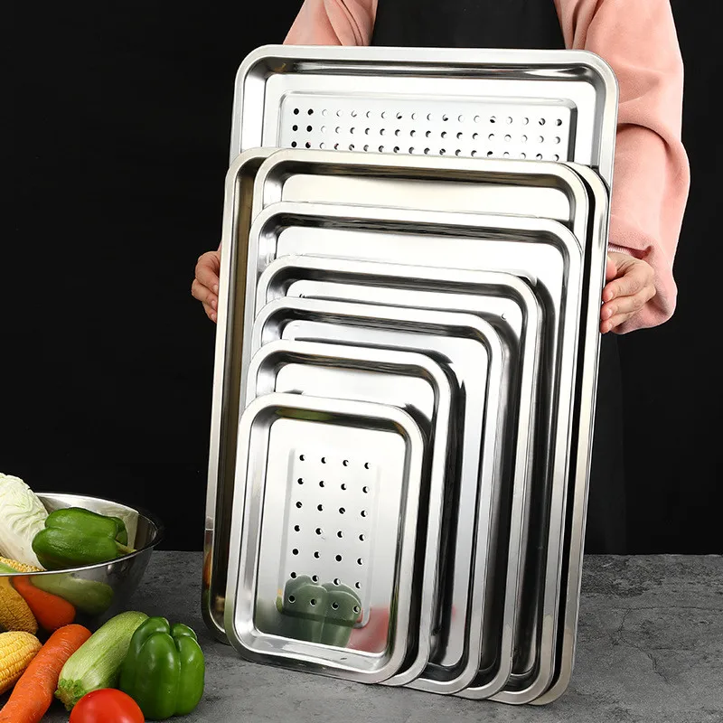 Stainless Steel Food Storage Tray Rectangular Drain Baking Pan Thicken Durable Drainer Plates Home Kitchen Organizer Accessories