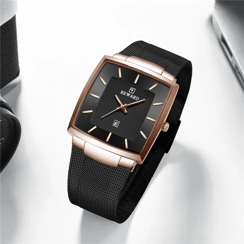 Reward 2021 Men watches Luxury Business Square Dial Quartz Wrist Mesh Waterproof Steel Classical Wristwatch for Men Reloj Hombre