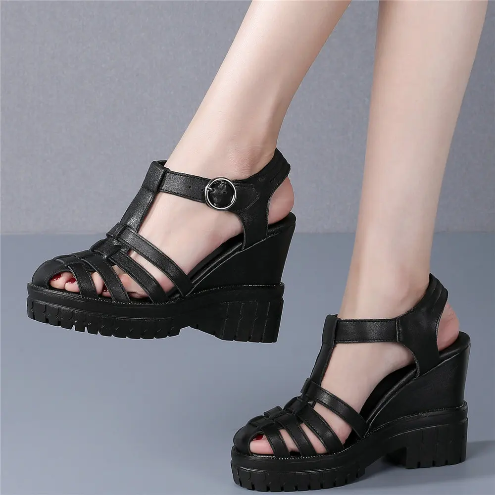 Casual Shoes Women Genuine Leather Wedges High Heel Gladiator Sandals Female Ankle Strap Summer Round Toe Platform Pumps Shoes