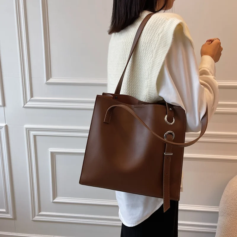 Big Leather Tote Bags 2023 Women\'s Brand Handbag High Capacity Vintage Shoulder Bag Travel Hand Bag Lady Solid Color Shopper Bag