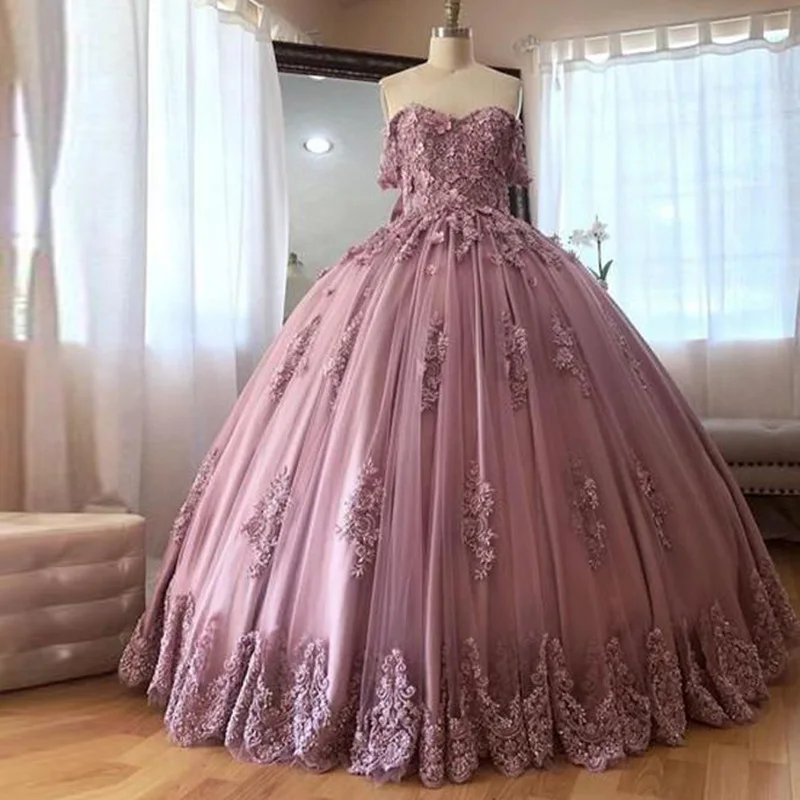 Vestidos de baile Quinceanera, rosa roxo, renda flor 3D, aplique fora do ombro, vestidos de festa Sweet 15, 2021