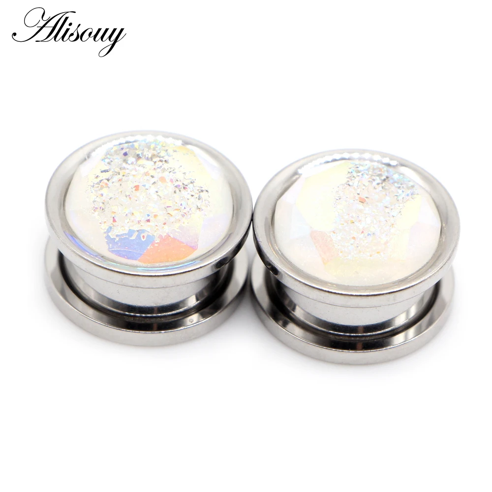 Alisouy 2pcs Stainless Steel Inlay Crystal Bud Ear Tunnels Plugs Flesh Screw Expanders Stretched Earrings Body Piercing Jewelry