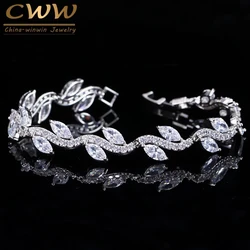 CWWZircons High Quality White Gold Color Women Cubic Zirconia Leaf Shaped Fashion Bridal Wedding Party Jewelry Bracelets CB099