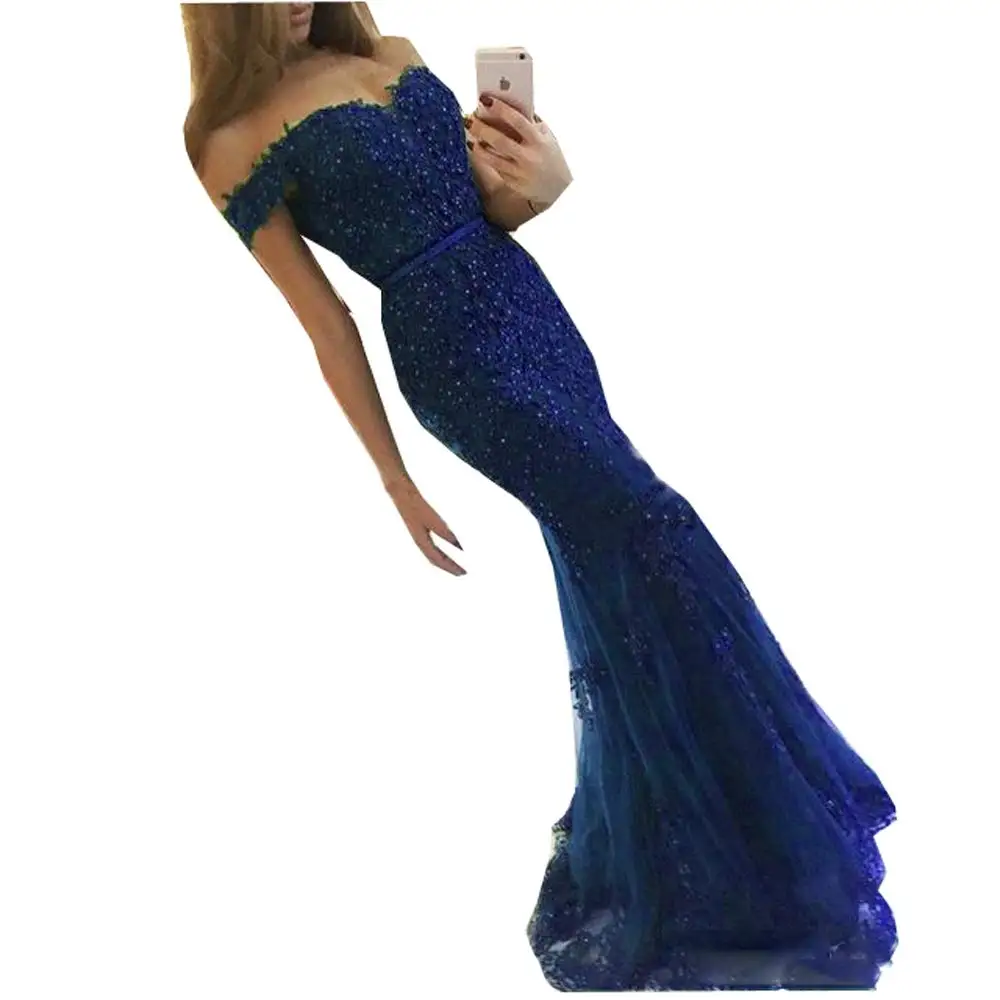 Sexy Off Shoulder Lange Avondjurk Mermaid 2019 Teal Tulle Lace Geappliceerd Kralen Formele Robe De Soiree Longue