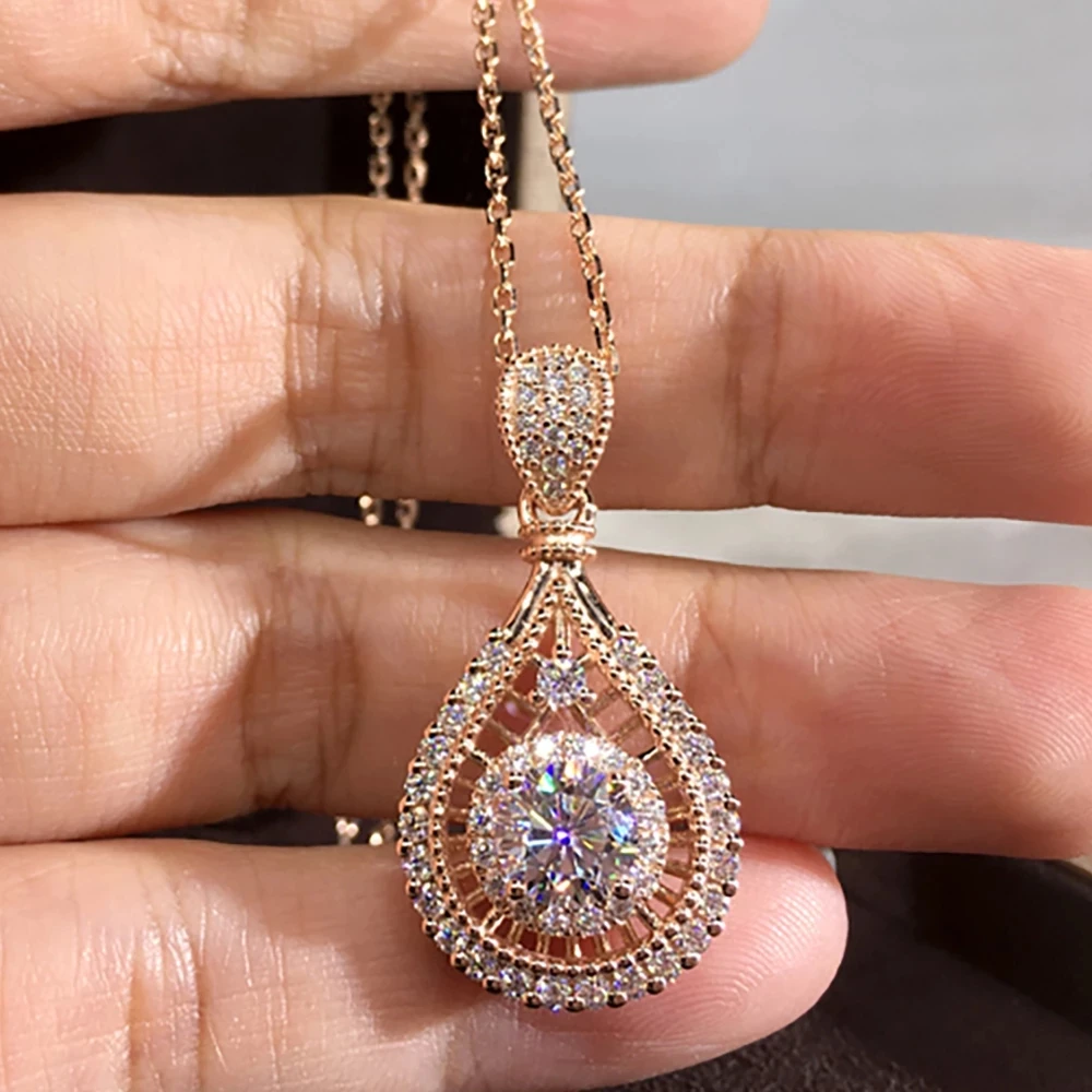 

10K Au417 Rose Gold Women Pendant Necklaces Moissanite Diamonds Round Elegant Wedding Party Engagement Anniversary Present