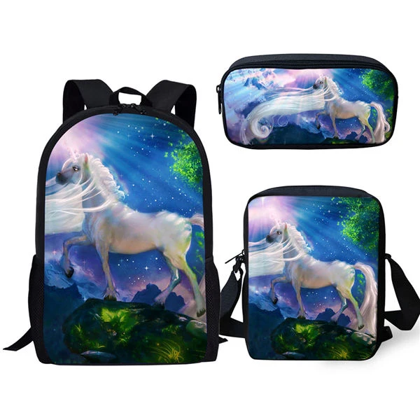 Mochila de hombro con estampado de caballo de fantasía para niños pequeños, conjunto de 3 piezas para escuela primaria, bolsa para libros, bolso con solapas, bolso para bolígrafos