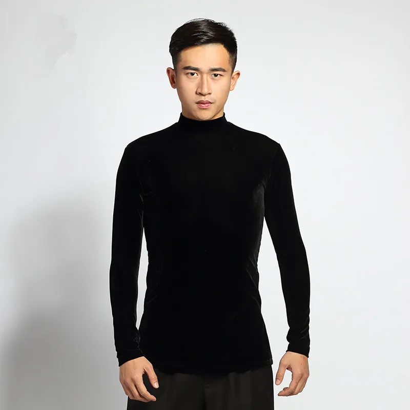 

Men's Adult Latin Dance Tops Autumn Winter Training Clothes Black Velvet Long Sleeve High Collar Ballroom Practice Shirt in stoc