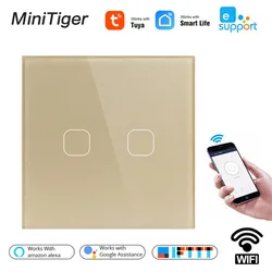 Minitiger Tuya/Smart Life WIFI 2 Gang 1 Way Switch Crystal Glass Panel Touch Wall Switch Smart Home Automation Wireless