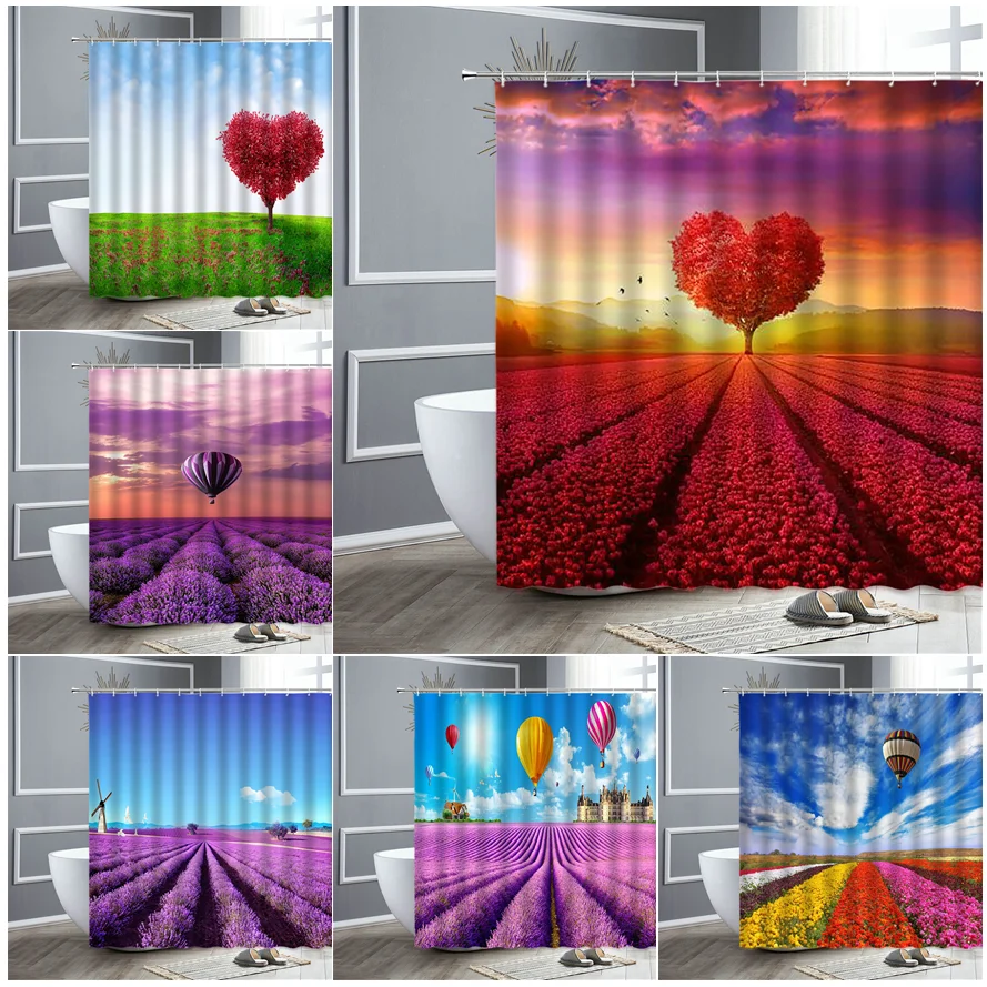 Rural Scenery Shower Curtain Purple Red Heart Shaped Flower Tree Lavender Tulip Bathroom Curtains Home Bathtub Decor Bath Screen