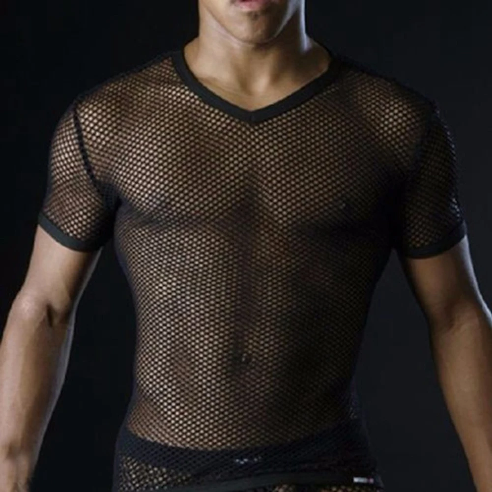 Sexy Men Mesh See Through T-Shirt Fishnet Hollow Clubwear Streetwear Perform Male Short Sleeve Top Undershirt Top Tee gifts