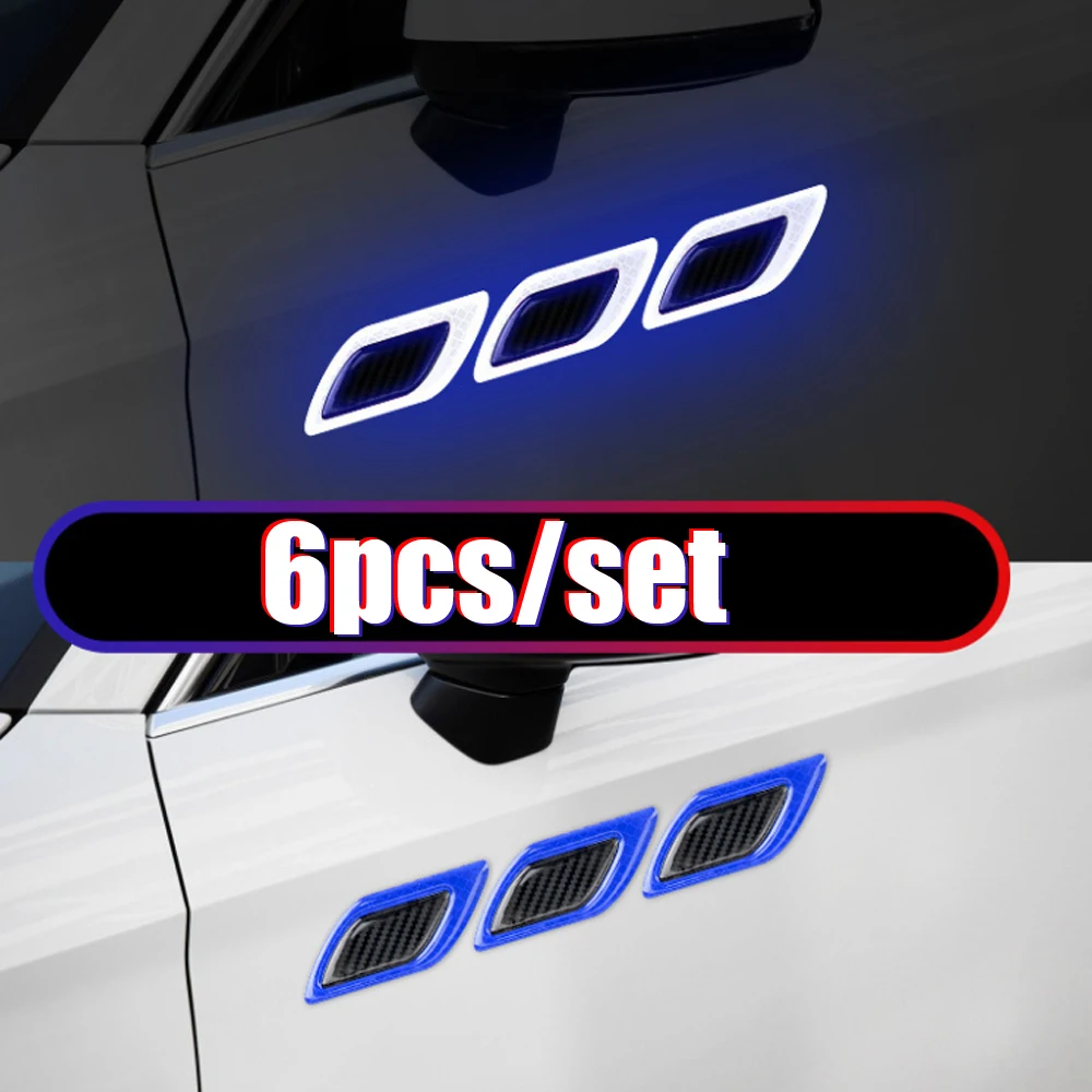 6Pcs Car Vent Edge Bumper 3D Reflective Stickers Decals PVC Carbon Fiber Pattern Red Blue White 9cm X 3.5cm Universal