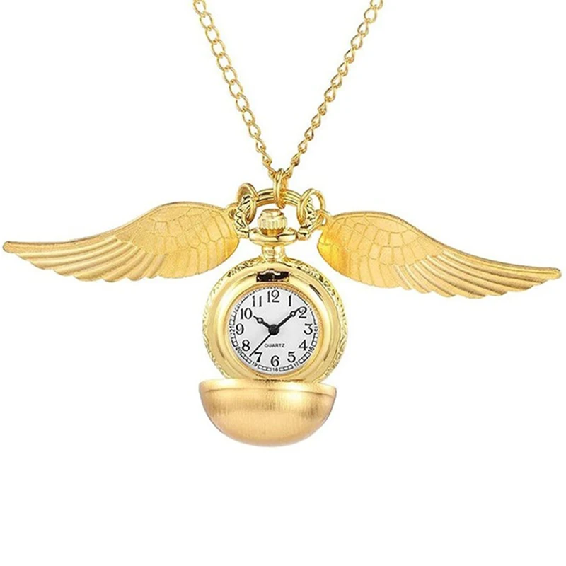 Gold Wings Ball Necklace Pendant Quartz Pocket Watch with Chain Luxury Box Clock Gifts for Boys Kids Men Women Birthday Present