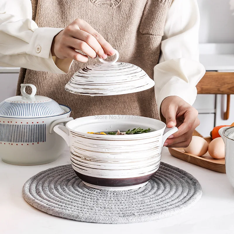 Tabletop Stew Pot Japanese Ceramic with Lid Impression Cherry Blossom Chamomile Fish Fire White Bristled Stock Pot