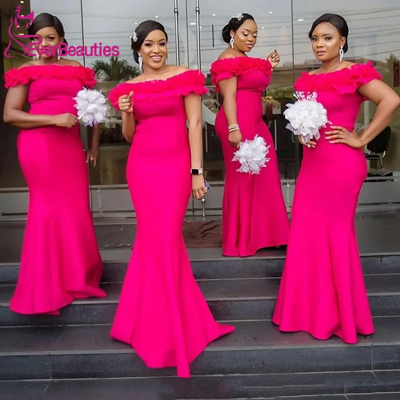 Hot Pink Mermaid Bridesmaid Dresses Long 2020 Ruffles Off Shoulder Robe Demoiselle D\'honneur Wedding Guest Dress For Women