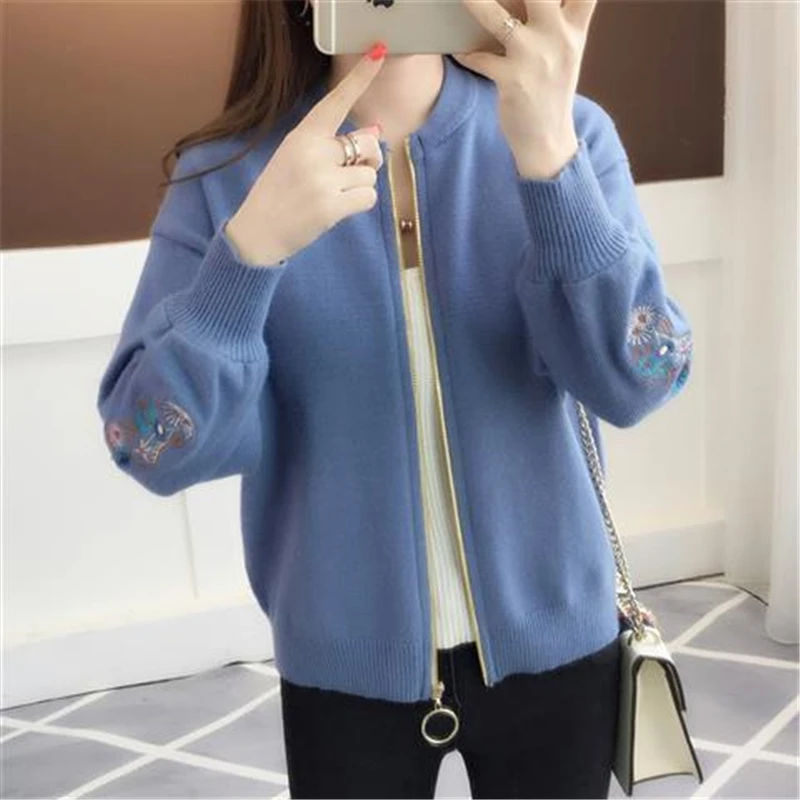 Casual Embroidered Zipper Knitted Coat Women Korean O-Neck Long Sleeve Sweater Cardigan Spring Fashion Knit Baseball Jacket Tops